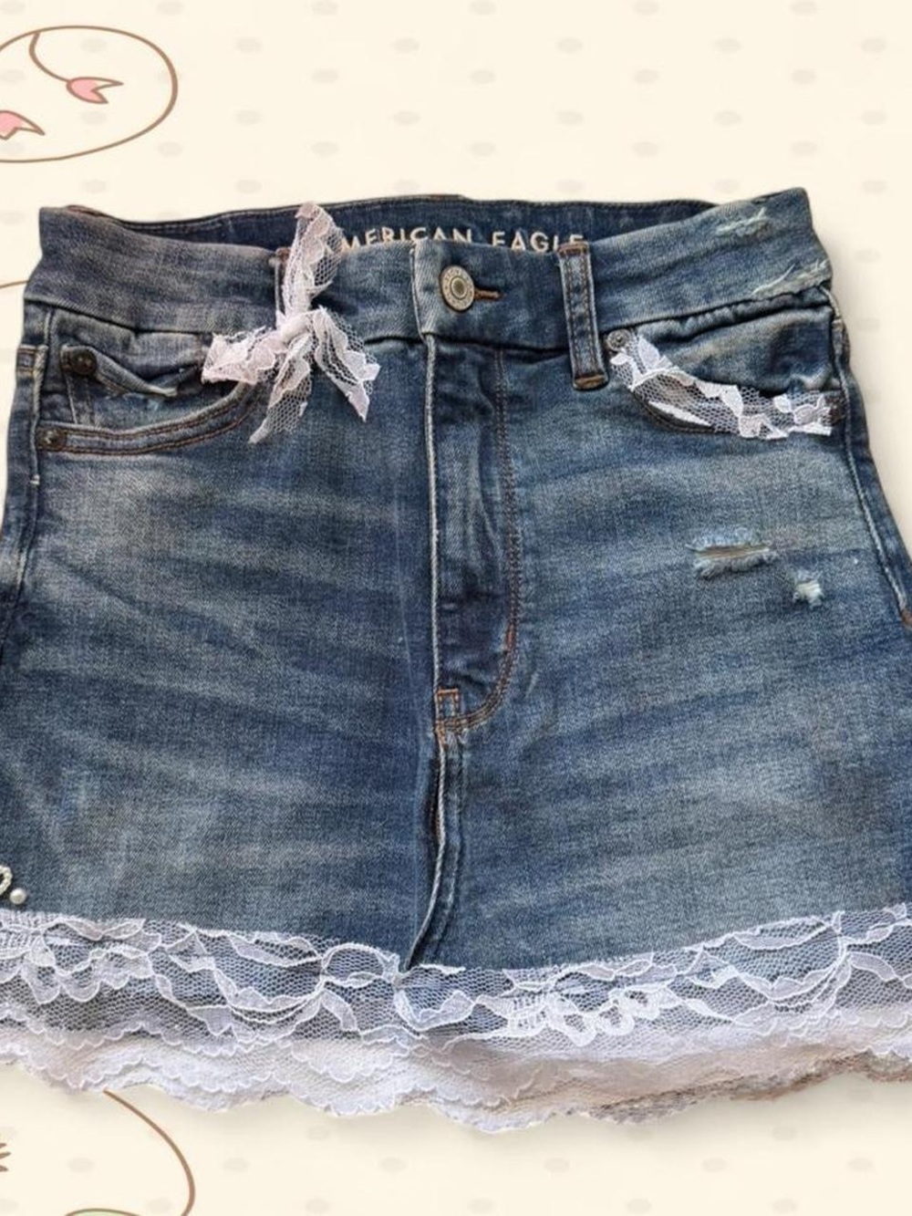 American Eagle Outfitters Denim Mini Skirt with White Lace Trim